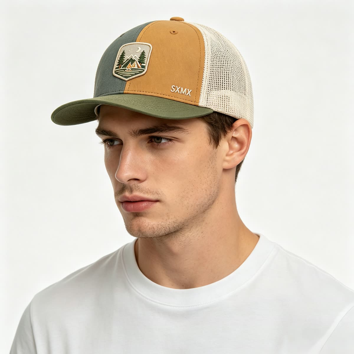 Custom Camping Scene Patch Trucker Cap on model