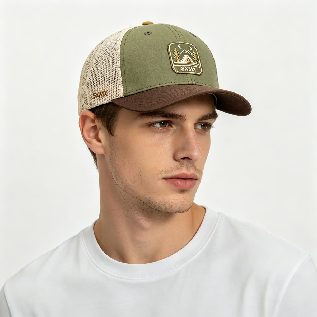 Custom Camping Scene Patch Trucker Cap on model