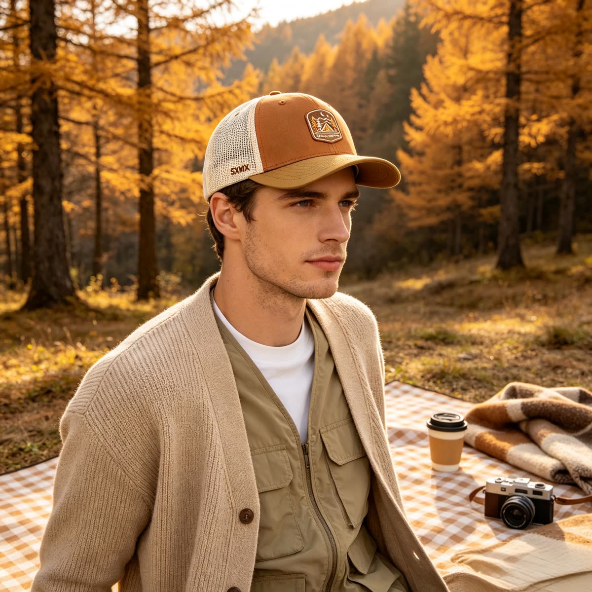 Custom Camping Scene Patch Trucker Cap on model