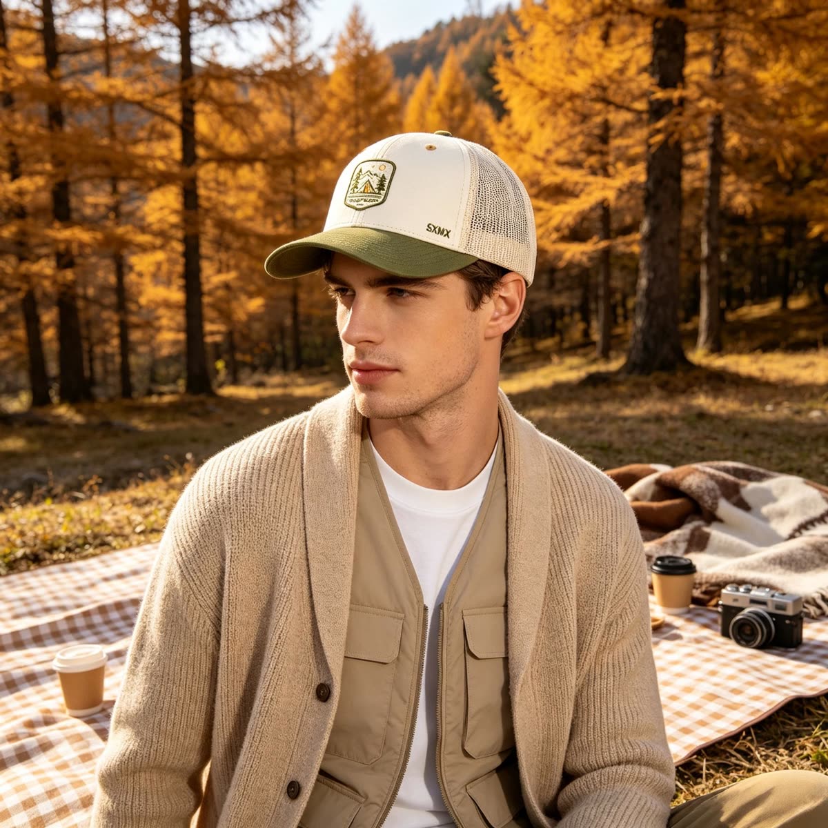 Custom Camping Scene Patch Trucker Cap on model
