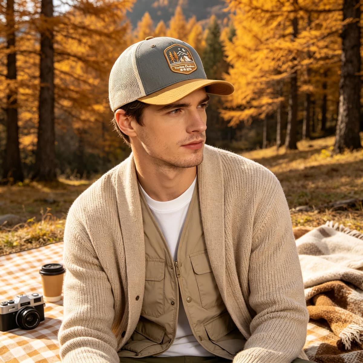 Custom Camping Scene Patch Trucker Cap on model