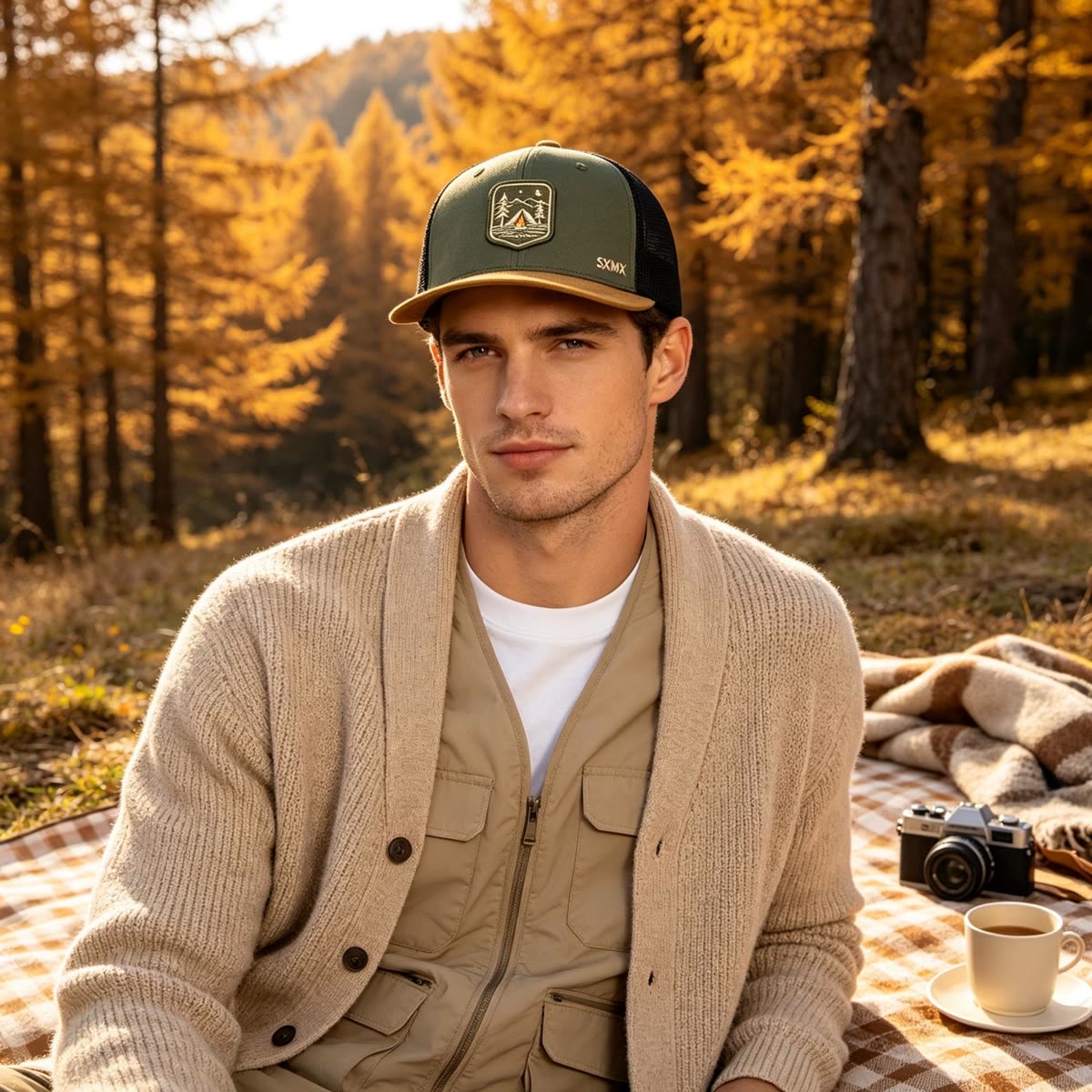 Custom Camping Scene Patch Trucker Cap on model