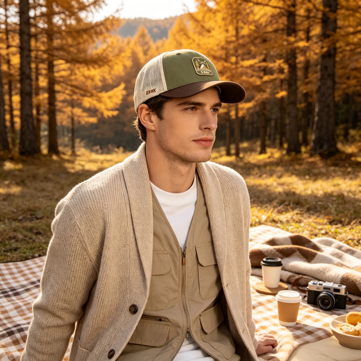 Custom Camping Scene Patch Trucker Cap on model