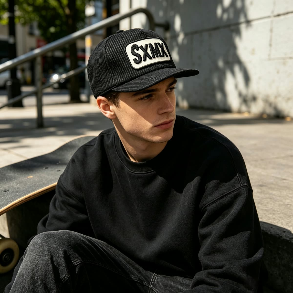 Custom Hickory Stripe Camp Cap with Flat Brim on model