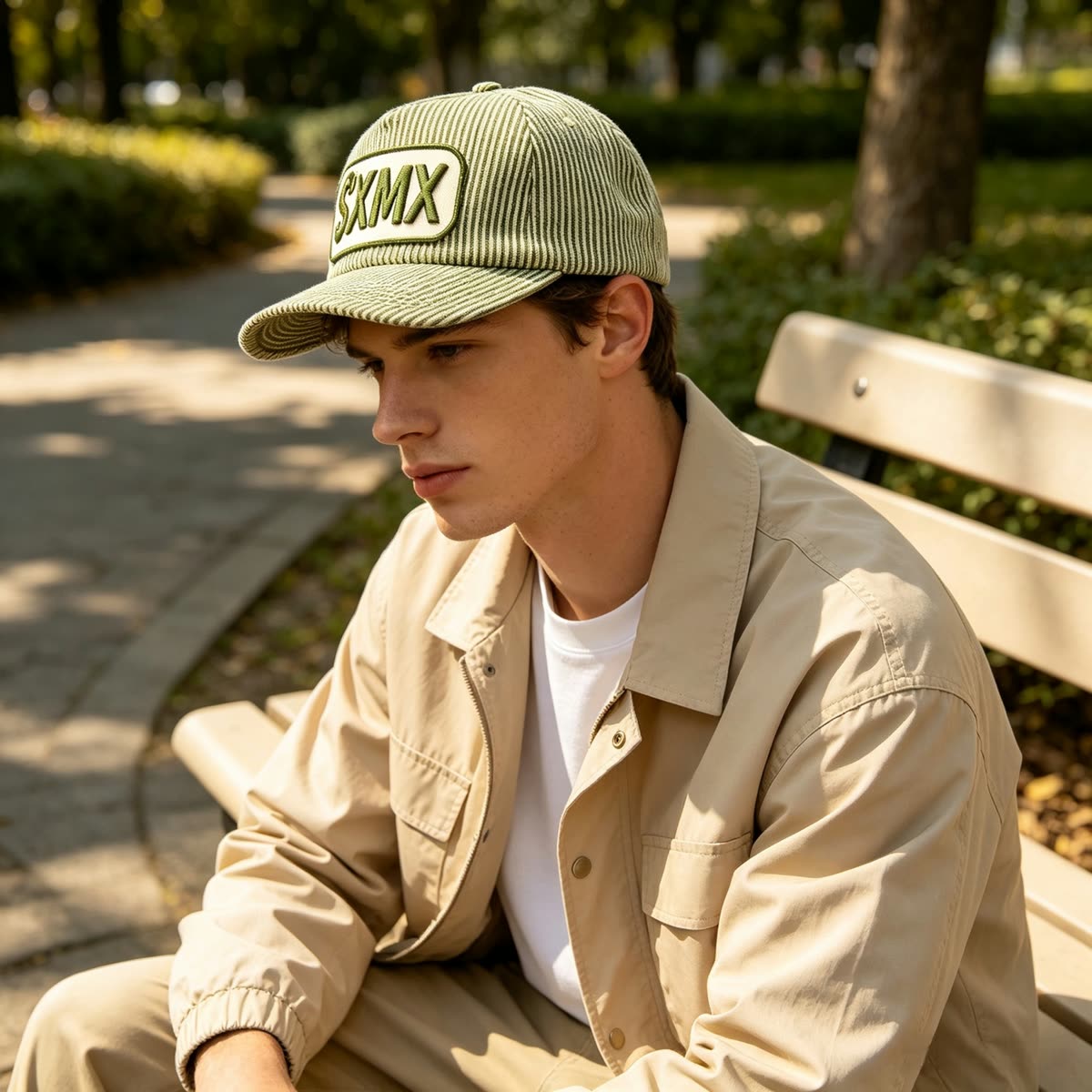 Custom Hickory Stripe Camp Cap with Flat Brim on model