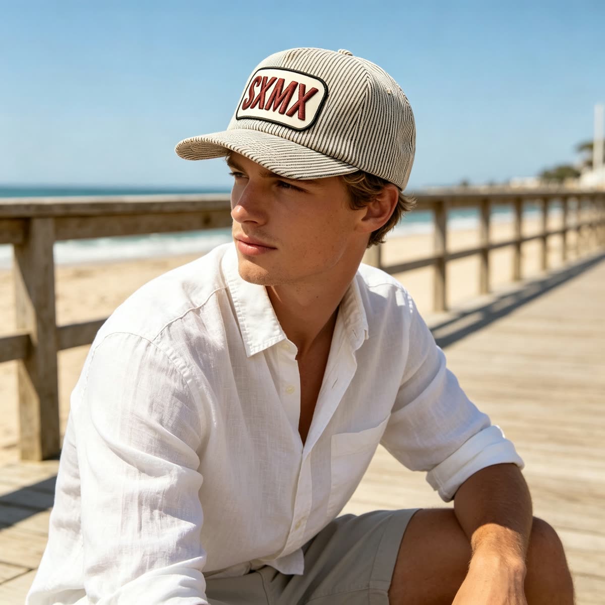 Custom Hickory Stripe Camp Cap with Flat Brim on model