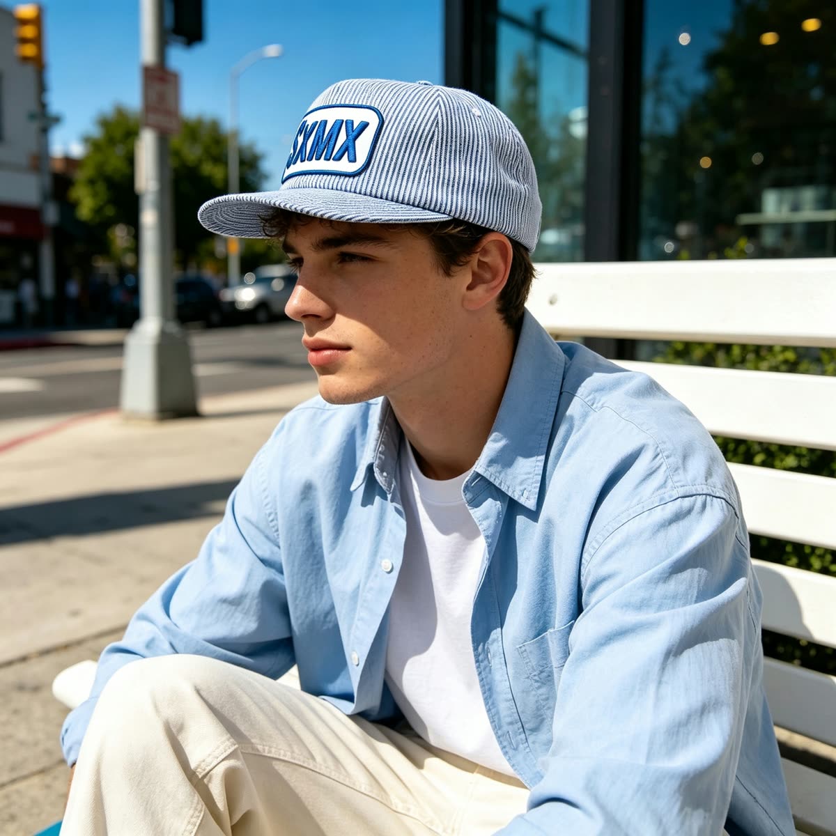 Custom Hickory Stripe Camp Cap with Flat Brim on model