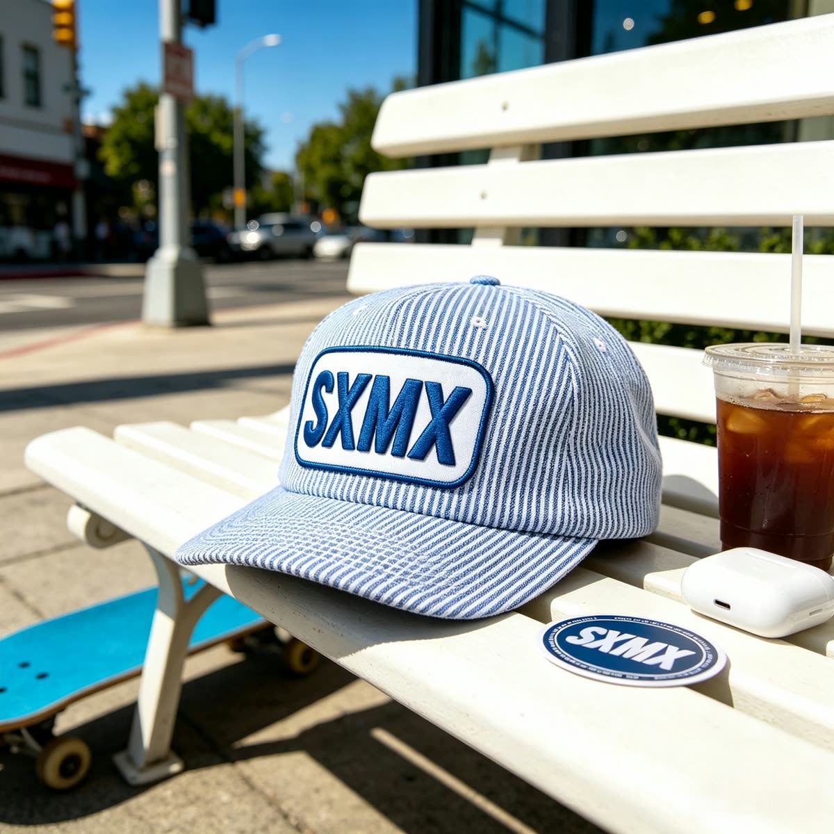 Custom Hickory Stripe Camp Cap with Flat Brim scene