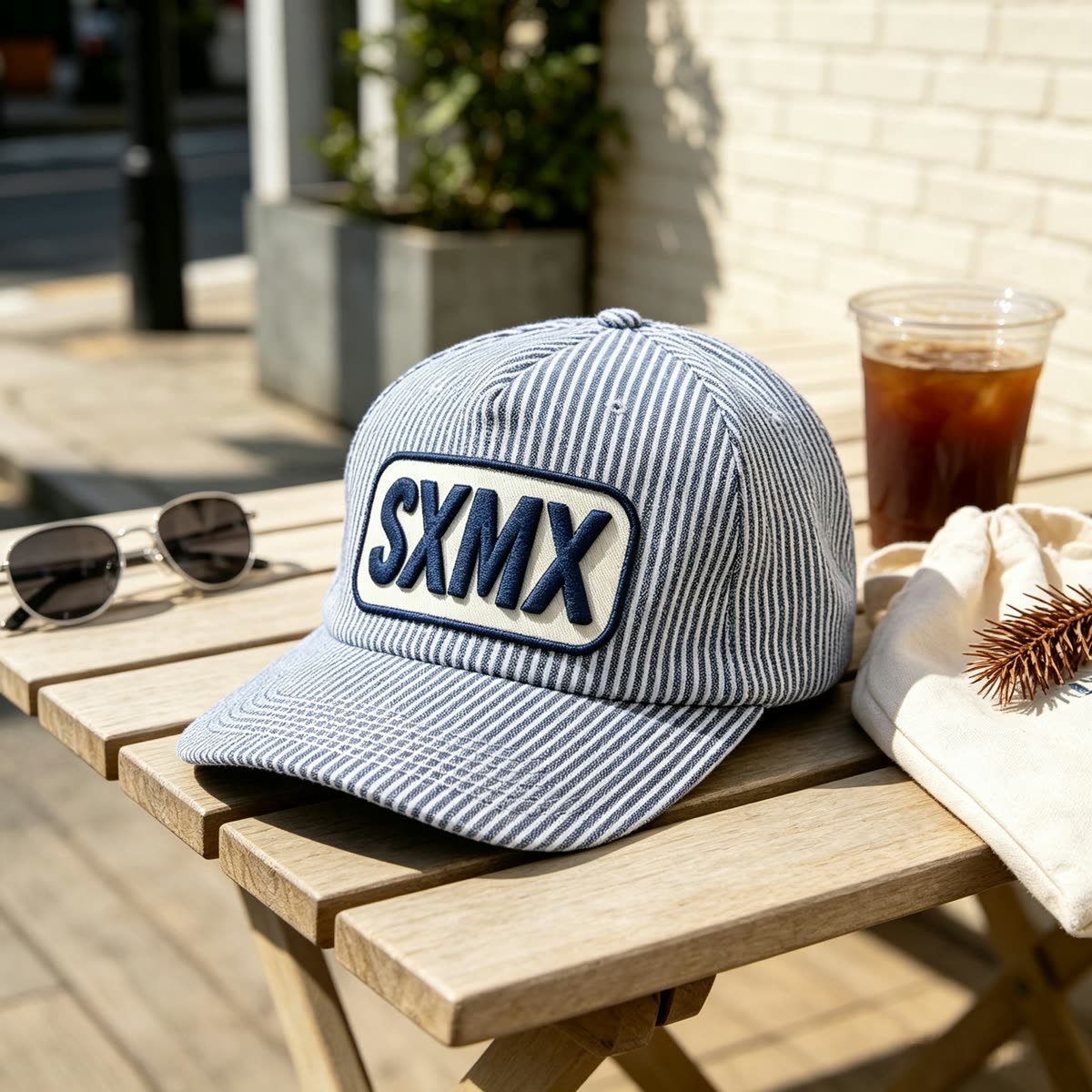 Custom Hickory Stripe Camp Cap with Flat Brim scene