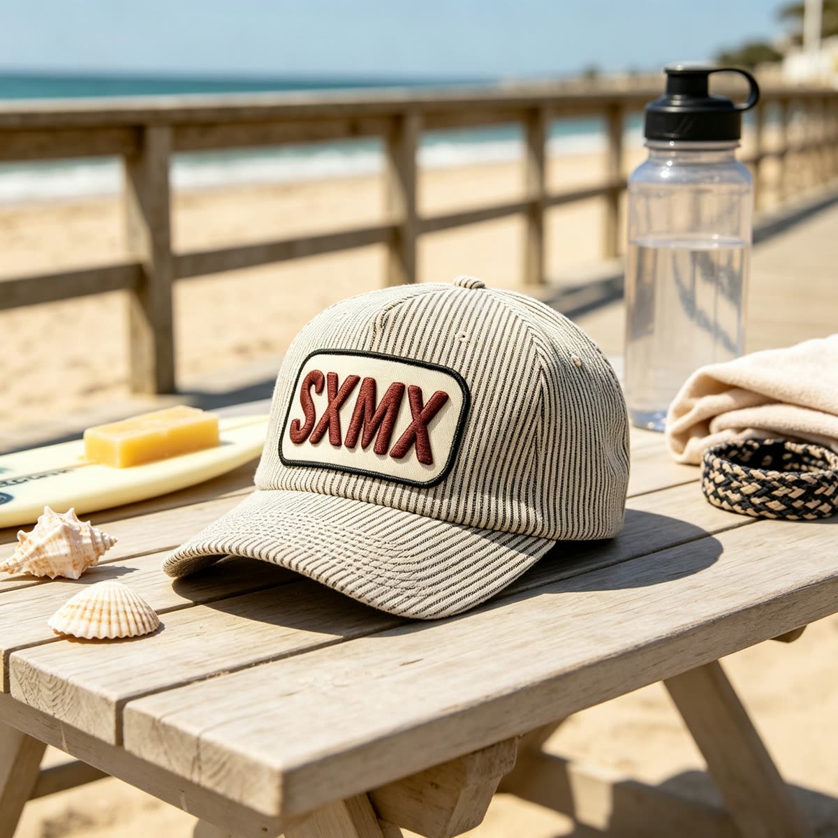Custom Hickory Stripe Camp Cap with Flat Brim scene