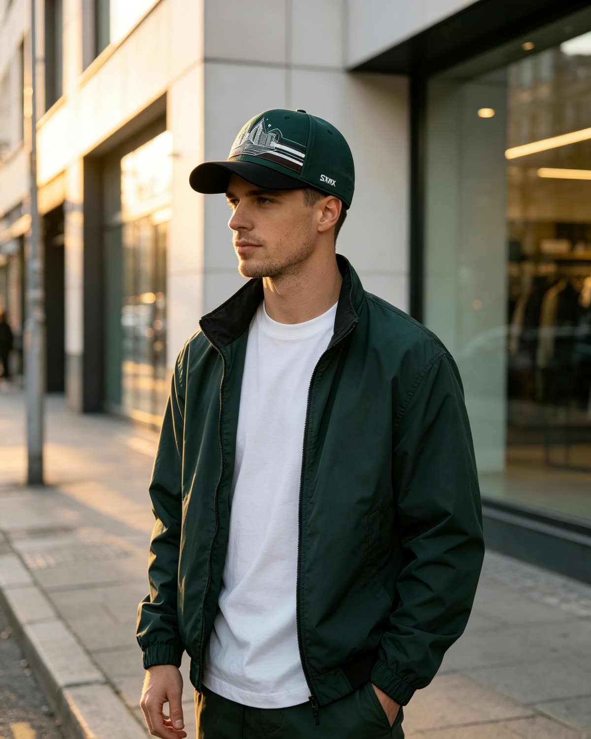 Custom City Skyline Print Baseball Cap on model