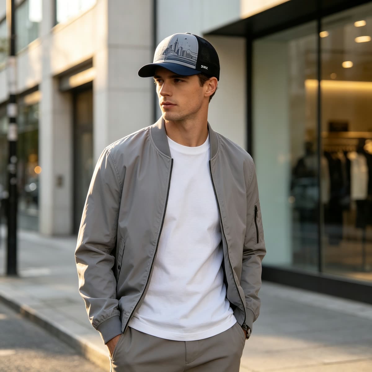 Custom City Skyline Print Baseball Cap on model