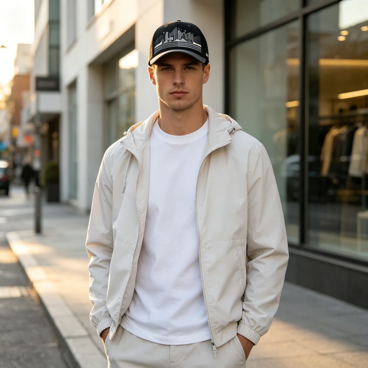 Custom City Skyline Print Baseball Cap on model