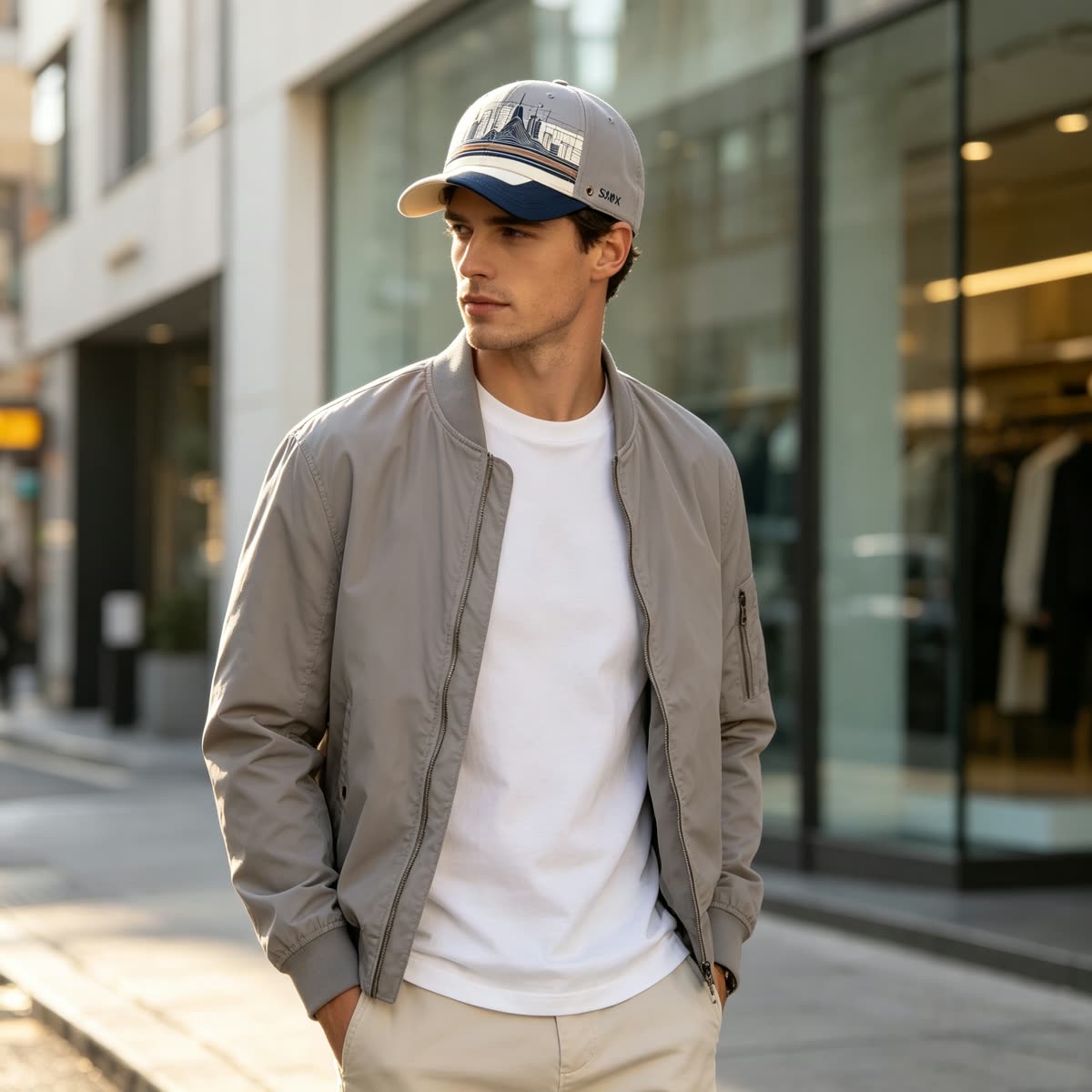 Custom City Skyline Print Baseball Cap on model