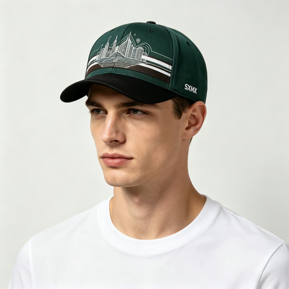 Custom City Skyline Print Baseball Cap on model