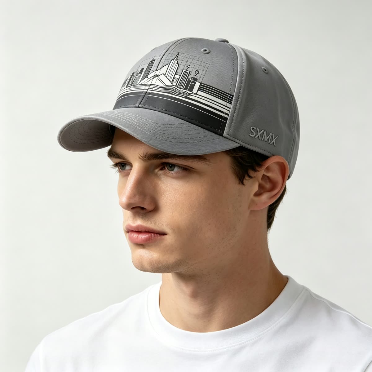 Custom City Skyline Print Baseball Cap on model