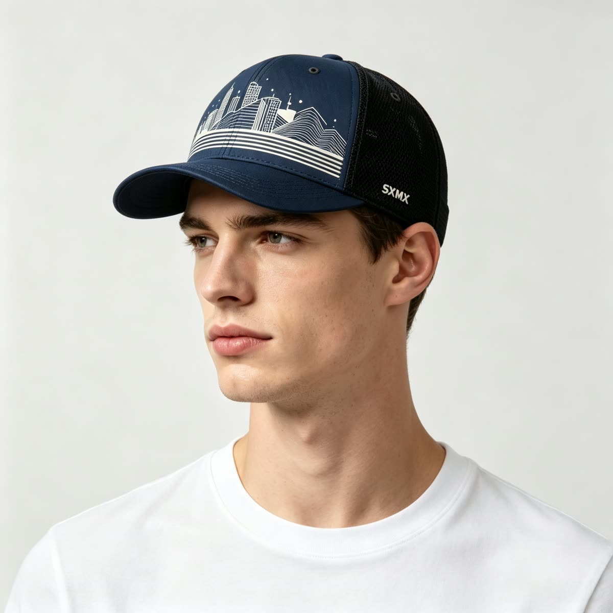 Custom City Skyline Print Baseball Cap on model