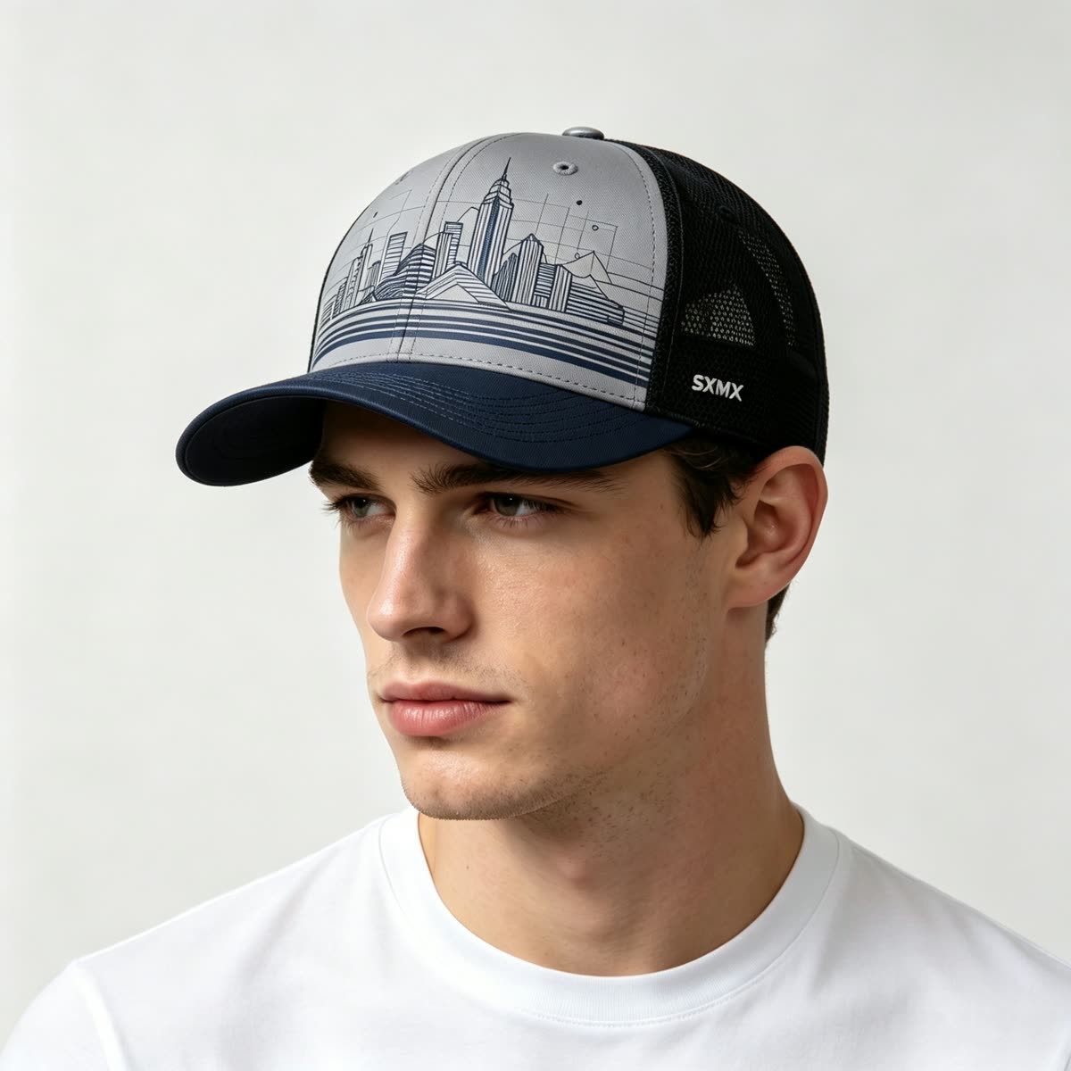 Custom City Skyline Print Baseball Cap on model