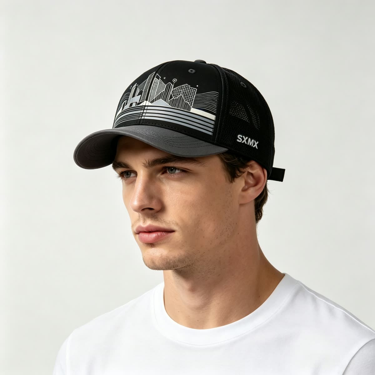 Custom City Skyline Print Baseball Cap on model
