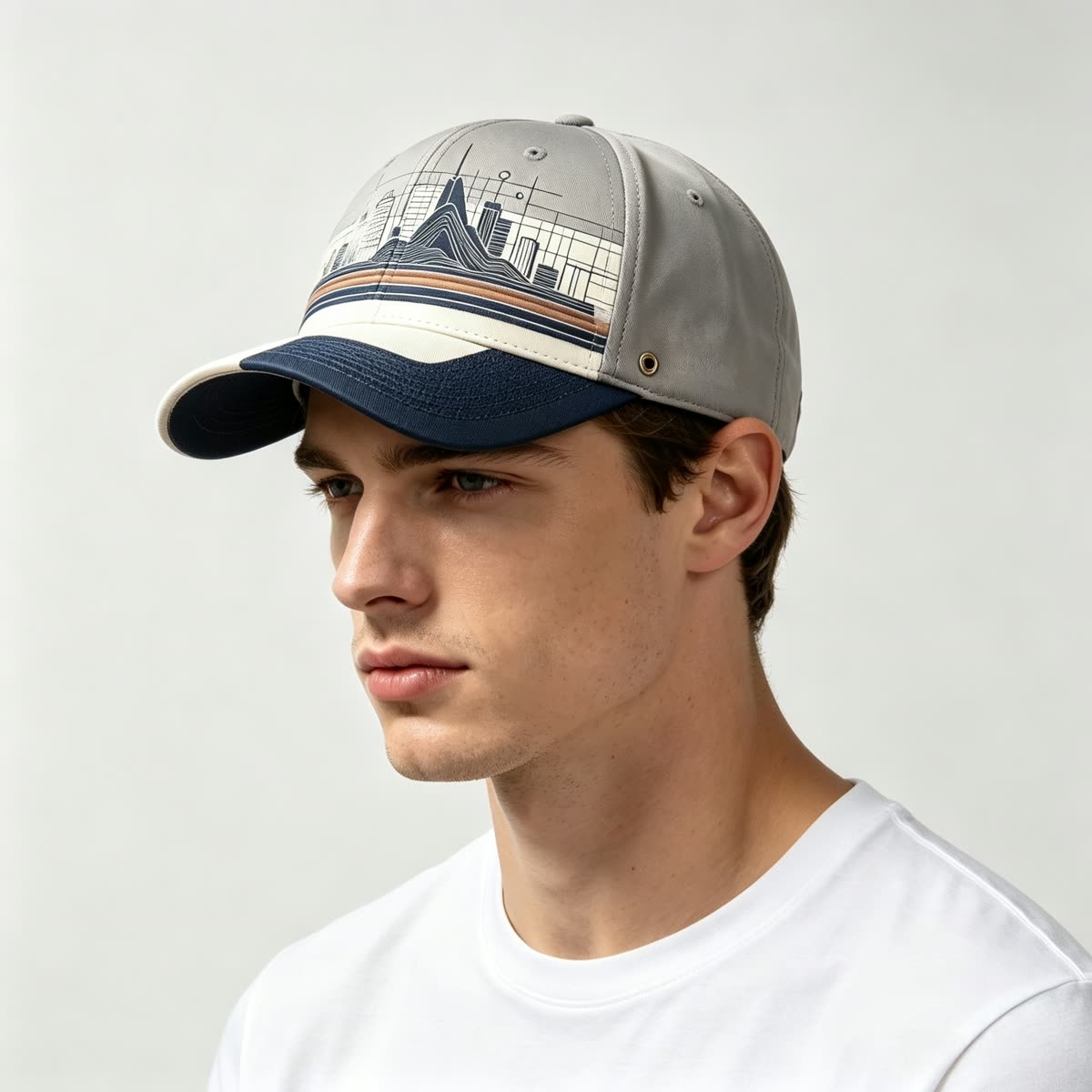 Custom City Skyline Print Baseball Cap on model