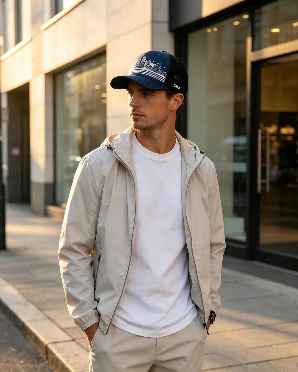 Custom City Skyline Print Baseball Cap on model
