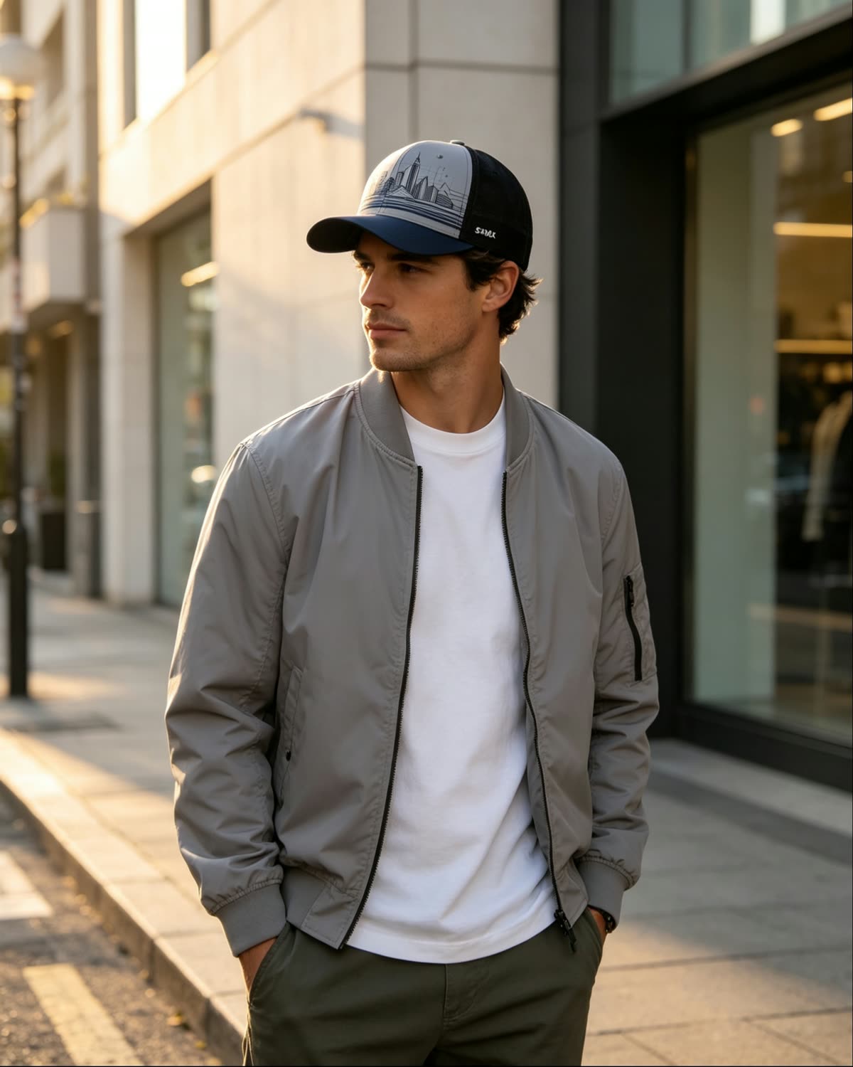 Custom City Skyline Print Baseball Cap on model