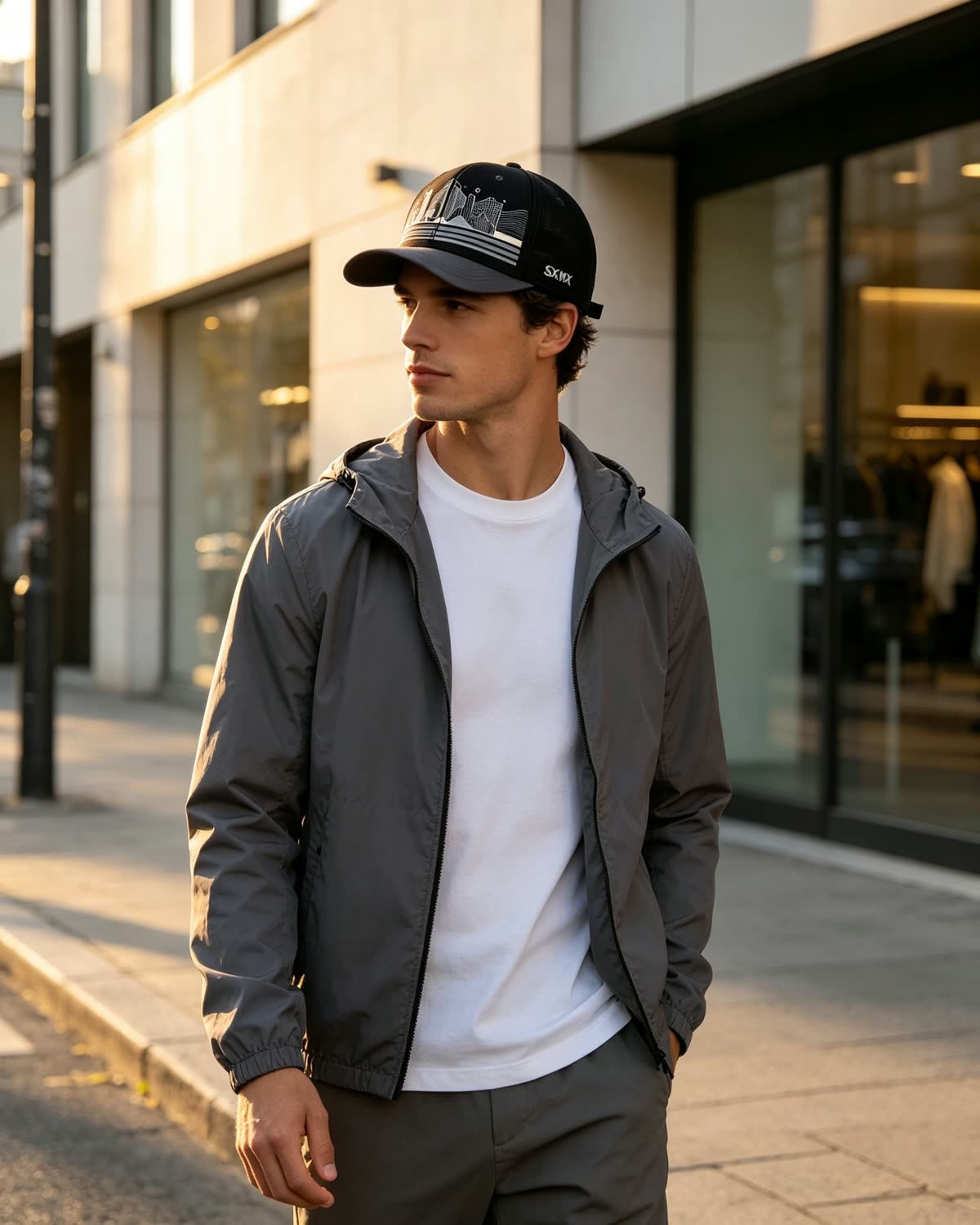 Custom City Skyline Print Baseball Cap on model