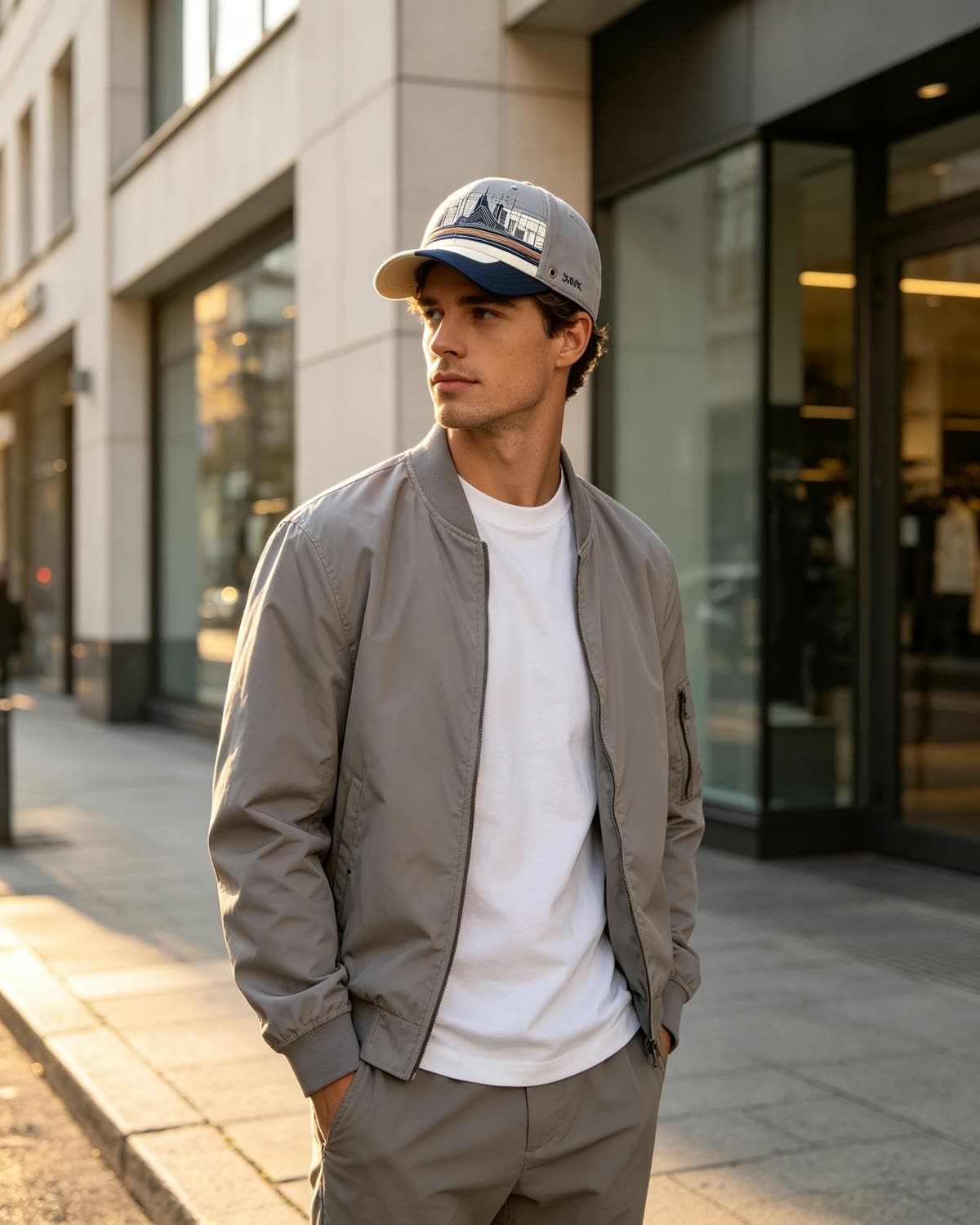 Custom City Skyline Print Baseball Cap on model