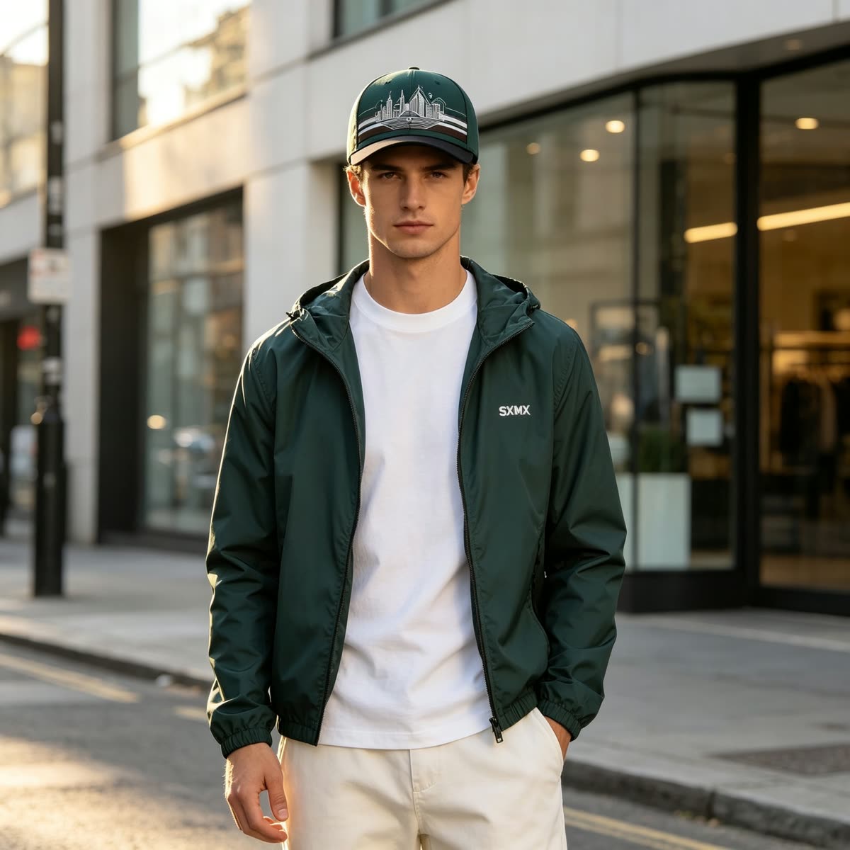 Custom City Skyline Print Baseball Cap on model