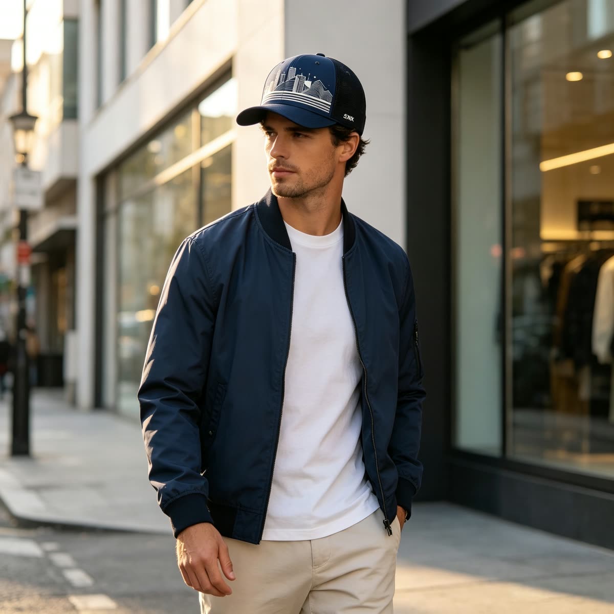 Custom City Skyline Print Baseball Cap on model