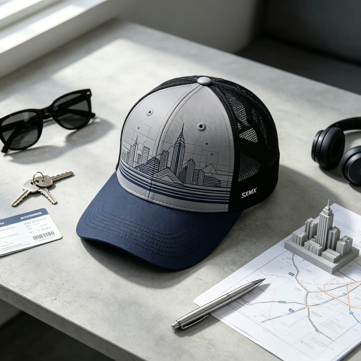 Custom City Skyline Print Baseball Cap scene