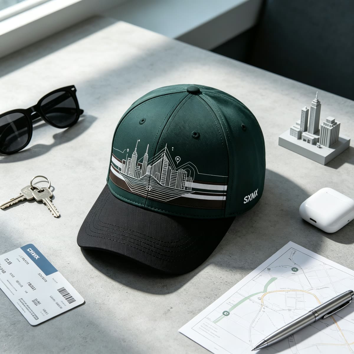 Custom City Skyline Print Baseball Cap scene