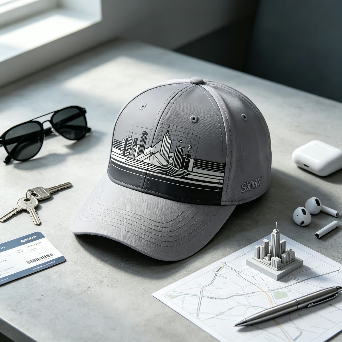Custom City Skyline Print Baseball Cap scene