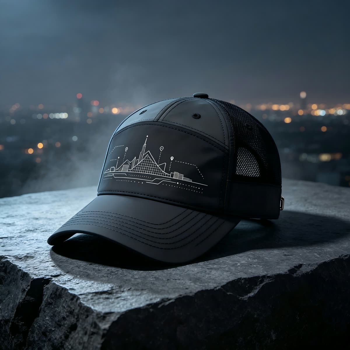Custom City Skyline Trucker Cap with Mesh Back on model