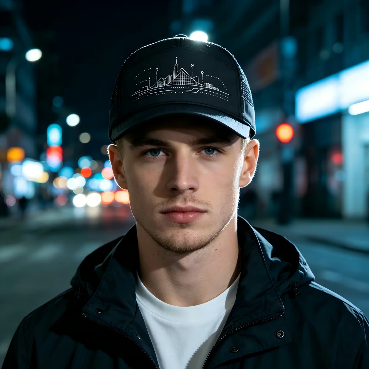 Custom City Skyline Trucker Cap with Mesh Back on model