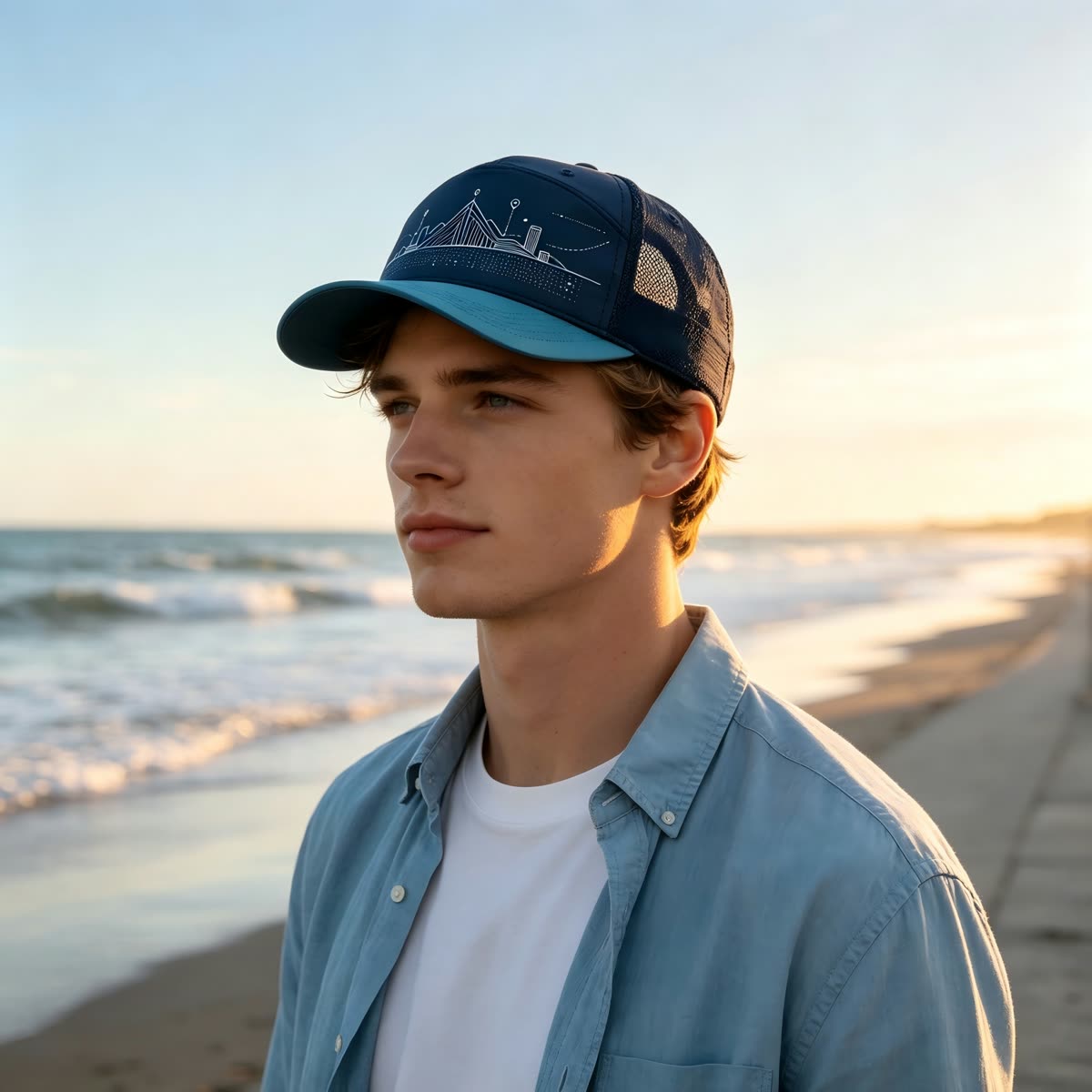 Custom City Skyline Trucker Cap with Mesh Back on model