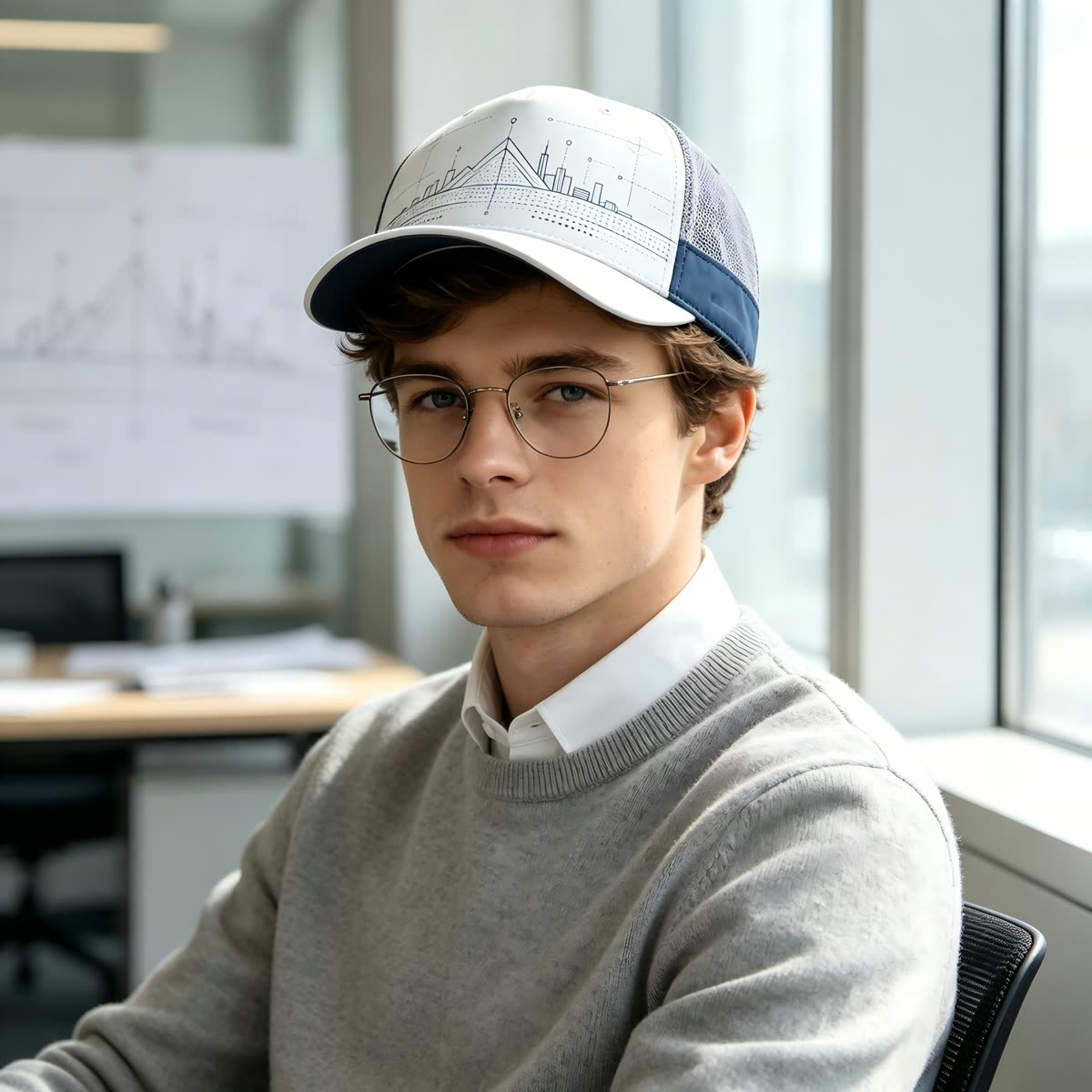 Custom City Skyline Trucker Cap with Mesh Back on model