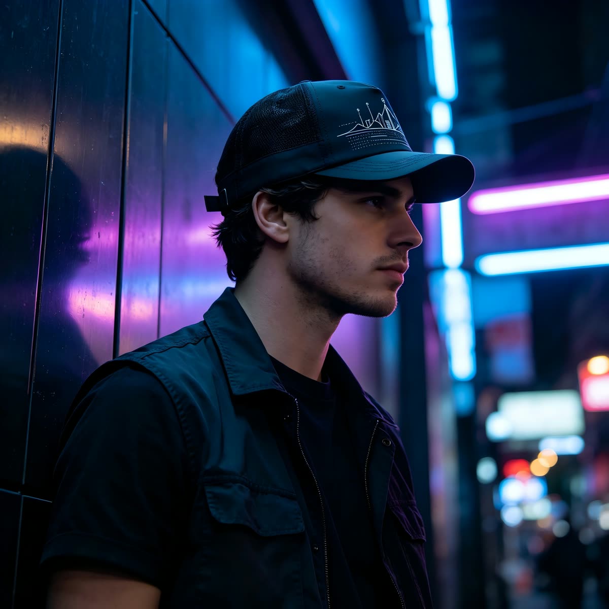 Custom City Skyline Trucker Cap with Mesh Back on model
