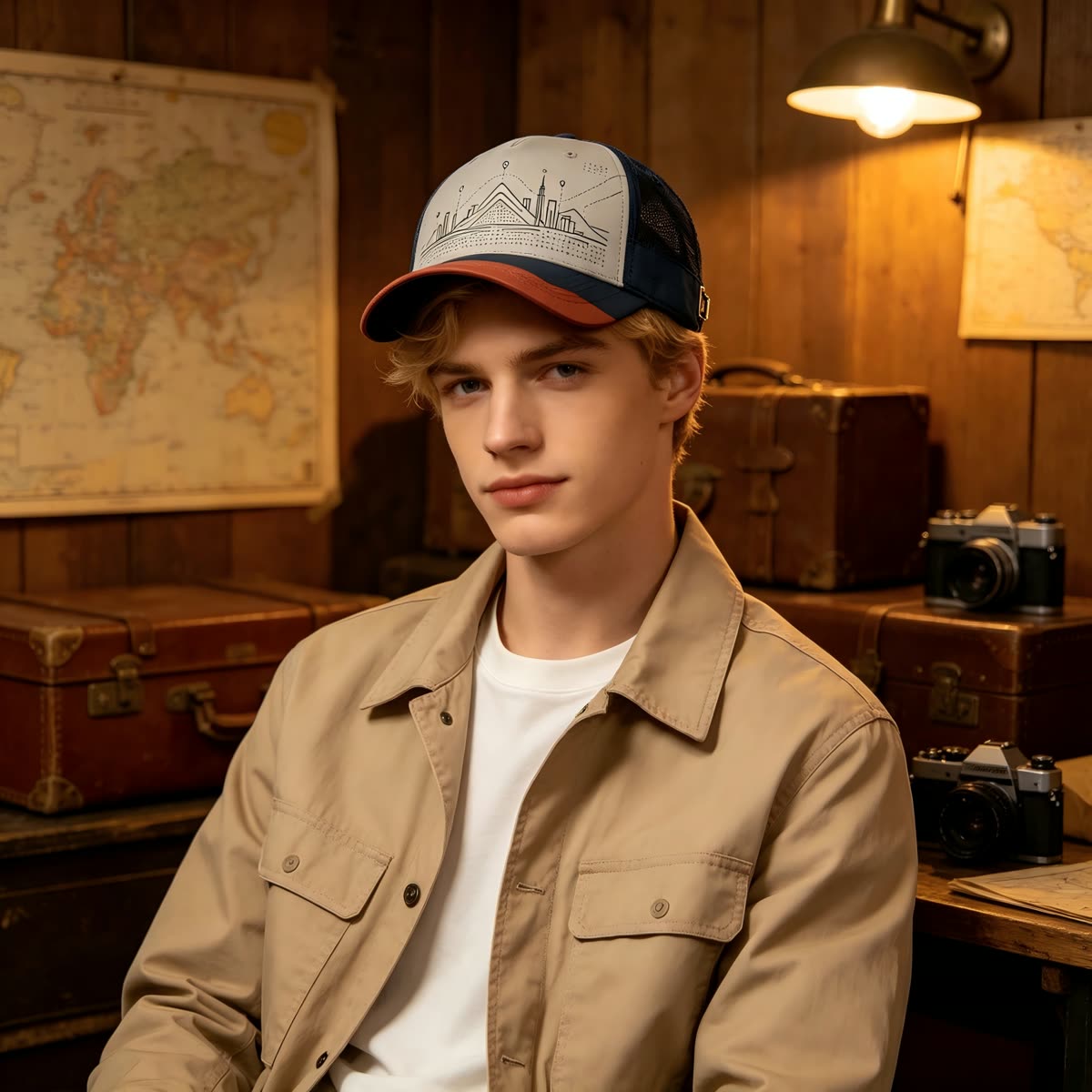 Custom City Skyline Trucker Cap with Mesh Back on model