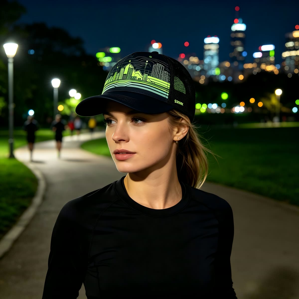 Custom Navy City Skyline Trucker Cap on model
