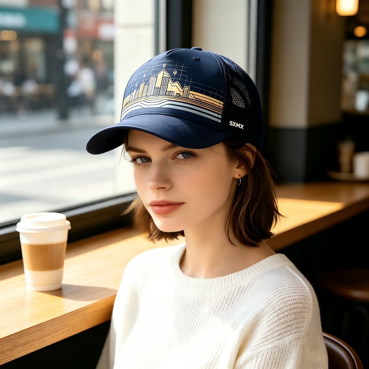 Custom Navy City Skyline Trucker Cap on model