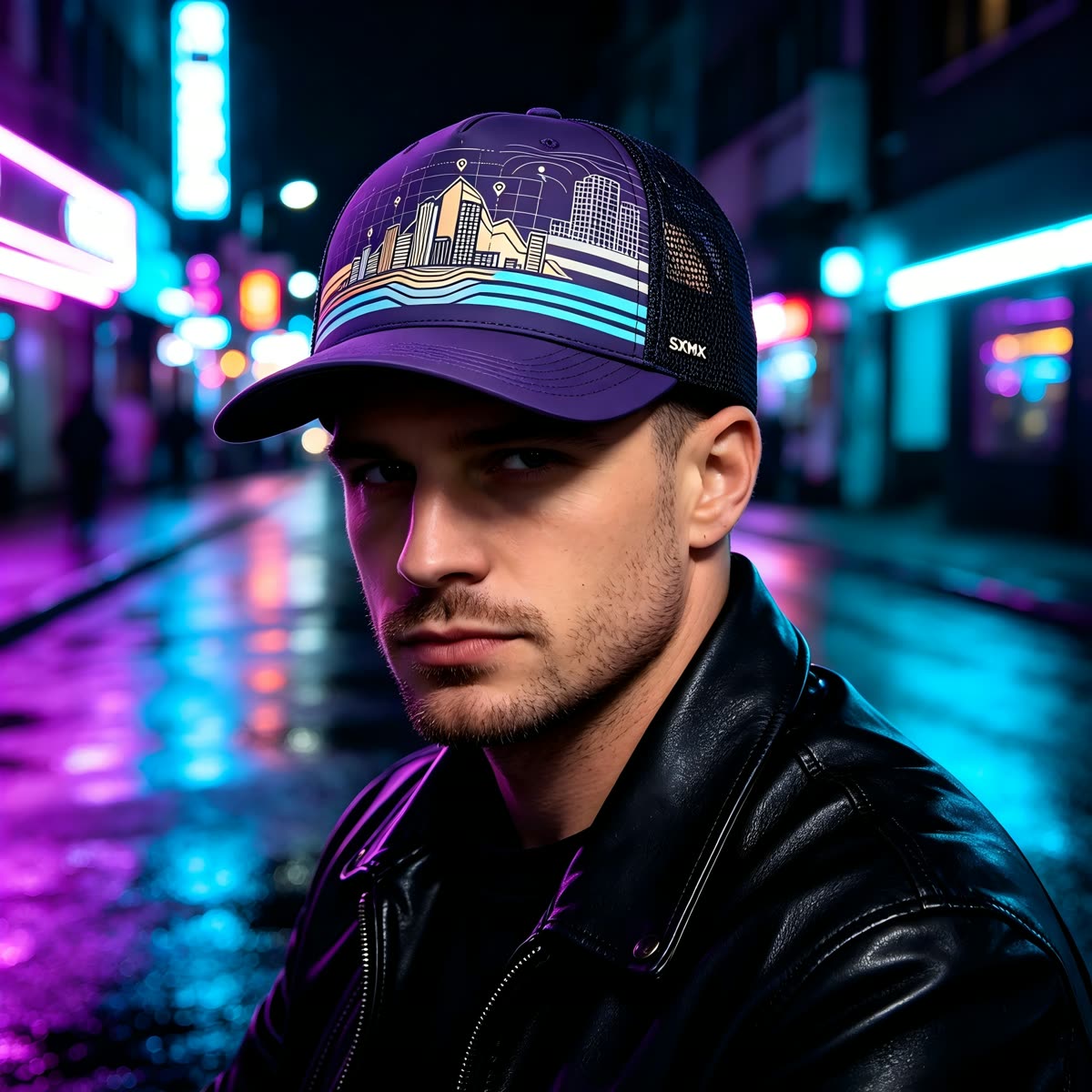 Custom Navy City Skyline Trucker Cap on model