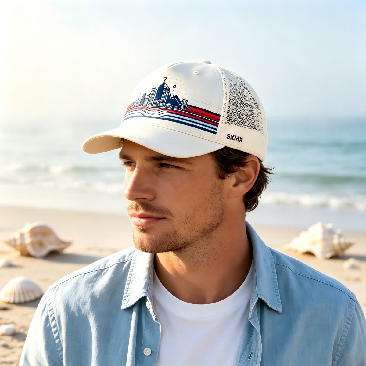 Custom Navy City Skyline Trucker Cap on model