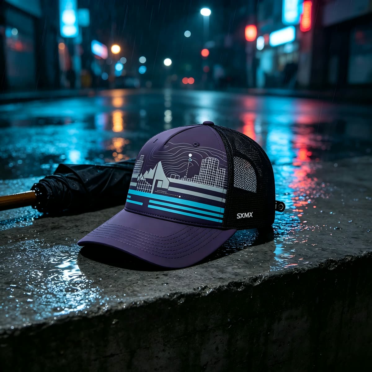 Custom Navy City Skyline Trucker Cap scene