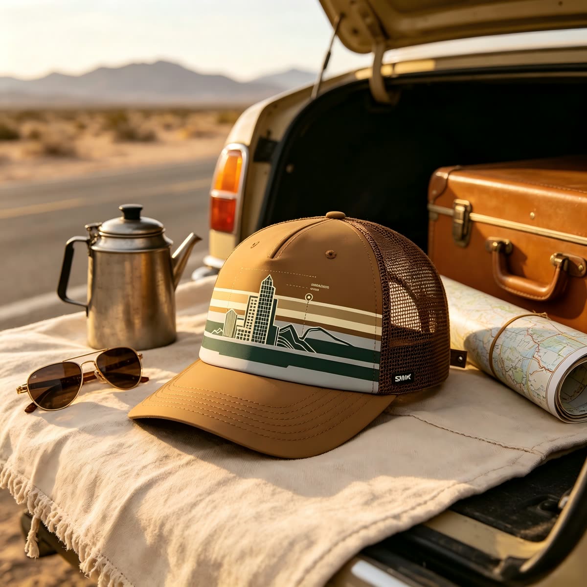 Custom Navy City Skyline Trucker Cap scene