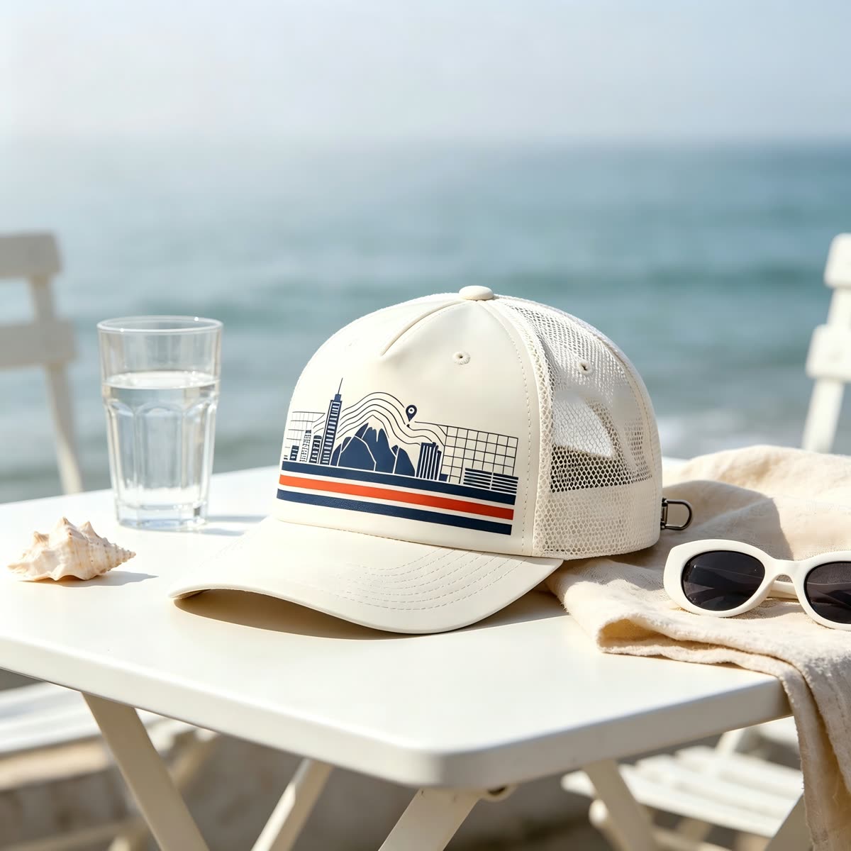 Custom Navy City Skyline Trucker Cap scene