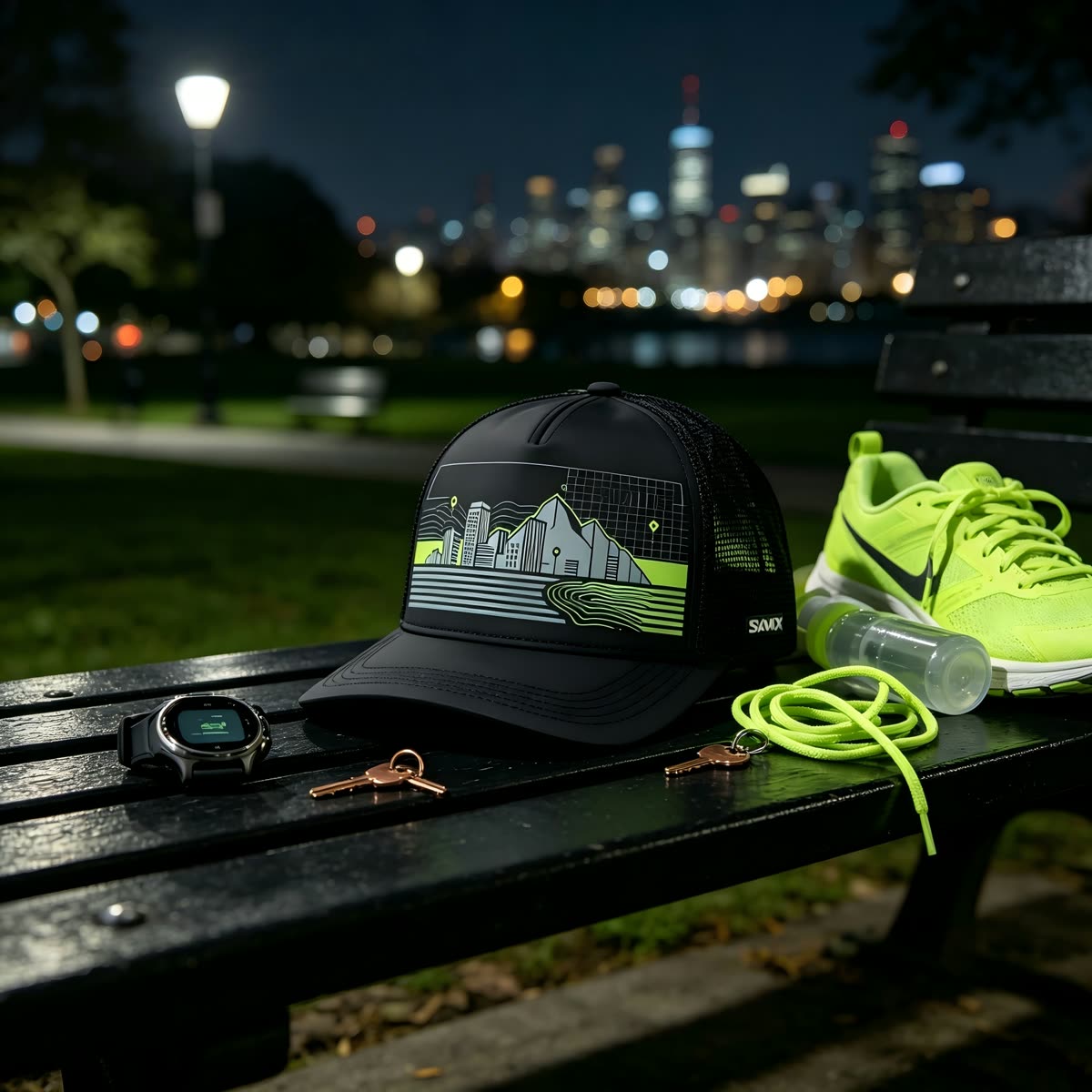 Custom Navy City Skyline Trucker Cap scene