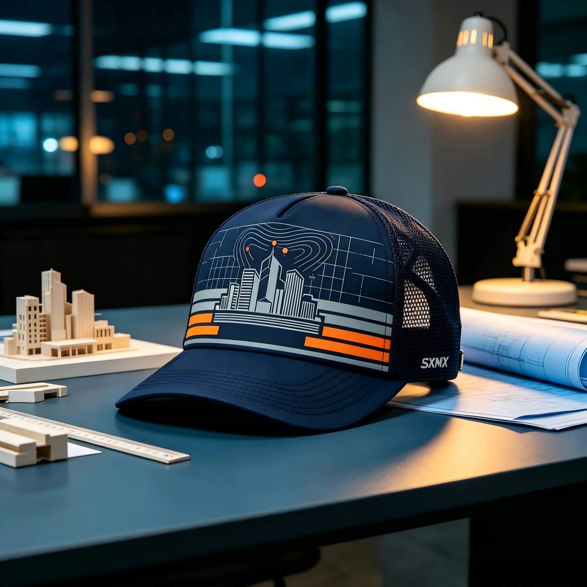 Custom Navy City Skyline Trucker Cap scene