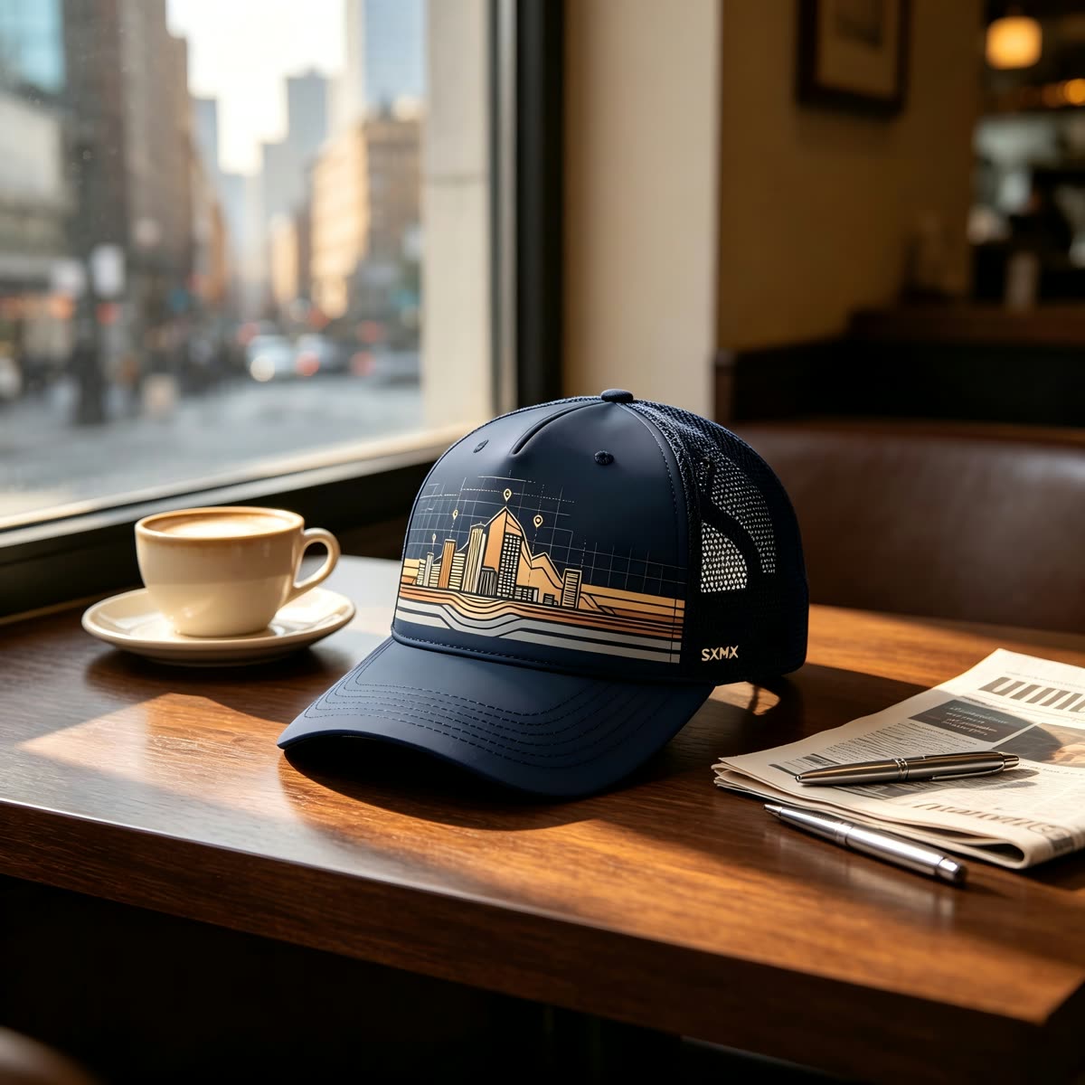 Custom Navy City Skyline Trucker Cap scene