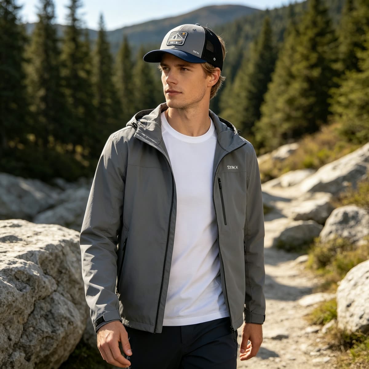 Custom Embroidered Mountain Trucker Cap with Mesh Back on model